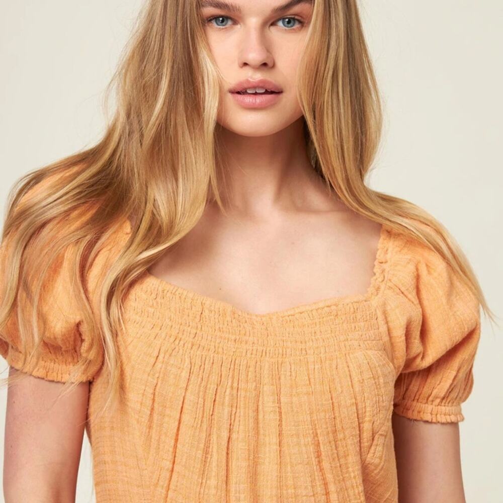 NWT O’Neill Dress Apricot Mini Smocked Front. Short Sleeves Pullover Pockets M - Picture 2 of 4